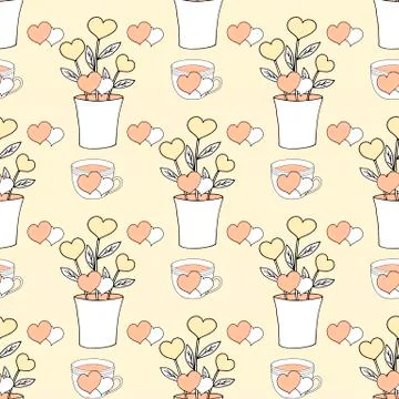 Valentines day seamless pattern with coffee cup and hearts. Beautiful greeting Stock Illustration