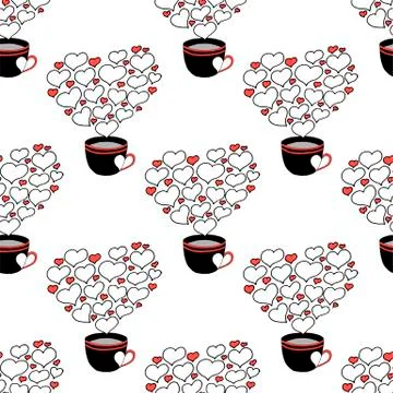Valentines day seamless pattern with coffee cup and hearts. Beautiful greeting Stock Illustration
