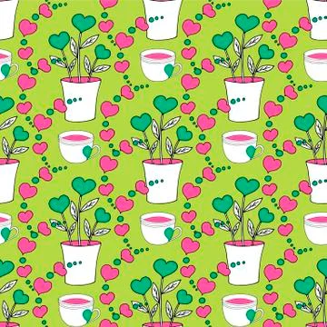 Valentines day seamless pattern with coffee cup and hearts. Beautiful greeting Stock Illustration