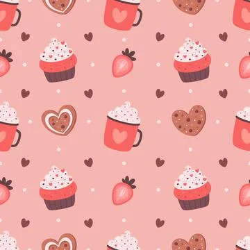 Valentines day seamless pattern. Coffee with cookies and cupcakes 스톡 일러스트