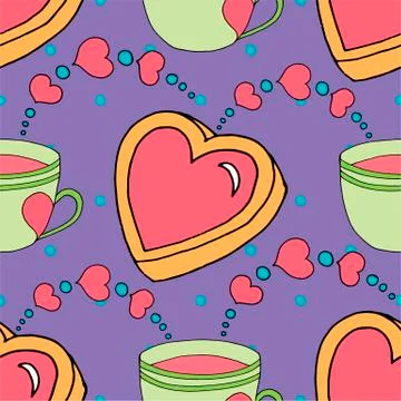 Valentines day seamless pattern cup and hearts Stock Illustration