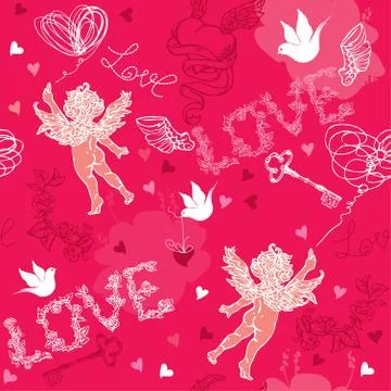 Valentines day seamless pattern with cupid, hand drawn hearts, keys and birds Illustrazione stock