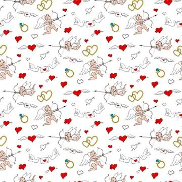 Valentines Day seamless pattern in doodle style. Stock Illustration