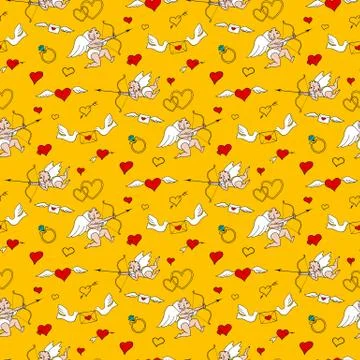 Valentines Day seamless pattern in doodle style. Stock Illustration