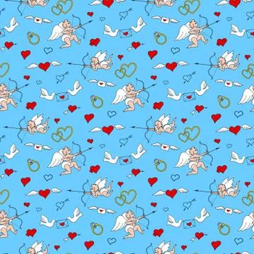 Valentines Day seamless pattern in doodle style. Illustrazione stock