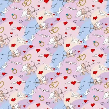 Valentines Day seamless pattern in doodle style. Stock Illustration