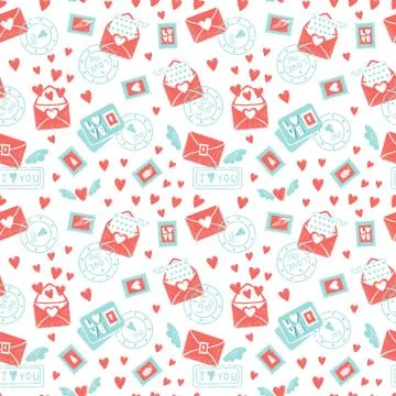 Valentine's day seamless pattern. Envelope with hearts, stamps and hearts, love Stock Illustration