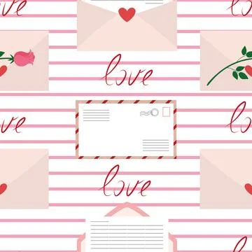 Valentines day seamless pattern with envelopes, roses and hearts. Vintage r.. Stock Illustration