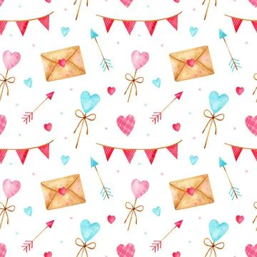 Valentine's day seamless pattern with garlands, love message envelopes,lollipops Stock Illustration
