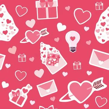 Valentines day Seamless pattern with Gift, Love letter, Pierced Heart. Flat C Stock Illustration