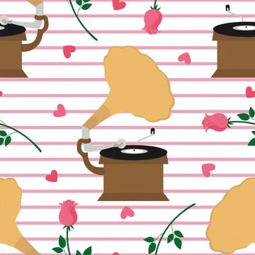 Valentines day seamless pattern with gramophone, roses and hearts. St Valen.. Stock Illustration