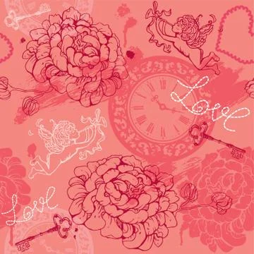 Valentines day seamless pattern with hand drawn cupid, flowers, keys and watch Stock Illustration