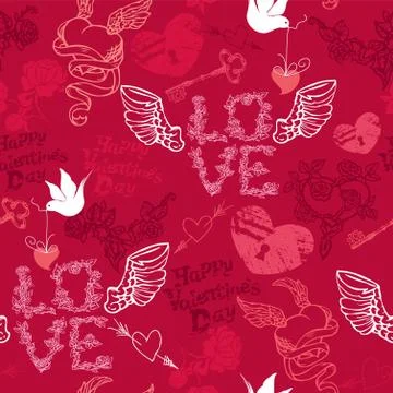 Valentines day seamless pattern with hand drawn hearts, keys and birds on red Stock Illustration