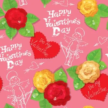 Valentines day seamless pattern with hand drawn angels, hearts and roses on p Stock Illustration