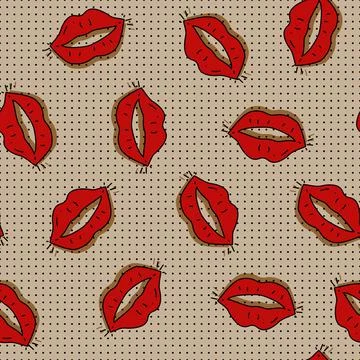 Valentine's day seamless pattern. Hand-drawn red sexy cartoon lips. Stock Illustration