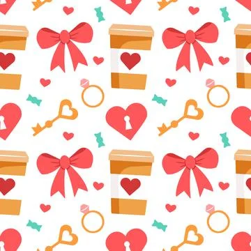 Valentine's Day seamless pattern with heart, cup of coffee, wedding ring イラスト素材