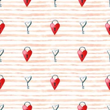 Valentine's day seamless pattern with heart shaped padlock and key. Waterco.. Stock Illustration