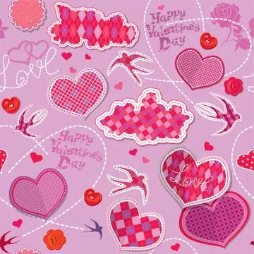Valentines day seamless pattern with hearts, clouds and birds are made of che Stock Illustration