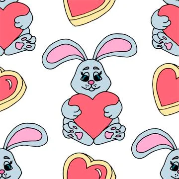 Valentine's day seamless pattern with hearts and a bunny.. Beautiful greeting Stock Illustration