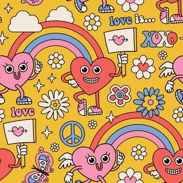 Valentine's day Seamless pattern with hearts mascot characters, rainbow. Weird Stock Illustration