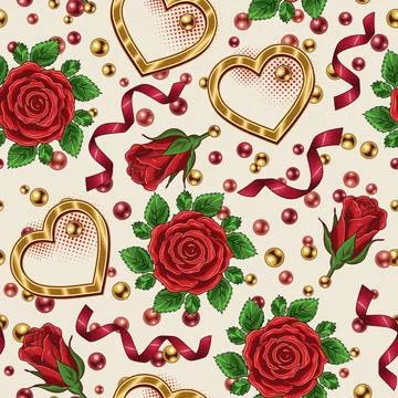 Valentines day seamless pattern with hearts, rose flowers, spiral ribbon, bea Stock Illustration