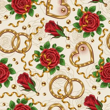 Valentines day seamless pattern with hearts, rings, rose flowers, ribbons, .. Stock Illustration
