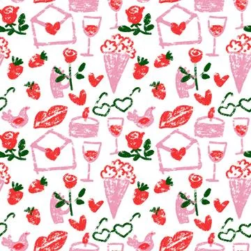 Valentine's day seamless pattern. Hearts, gifts, flowers, lips hand drawn crayon Stock Illustration