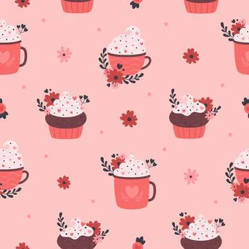 Valentines day seamless pattern. Hot drinks with sweets cupcakes. Stock Illustration