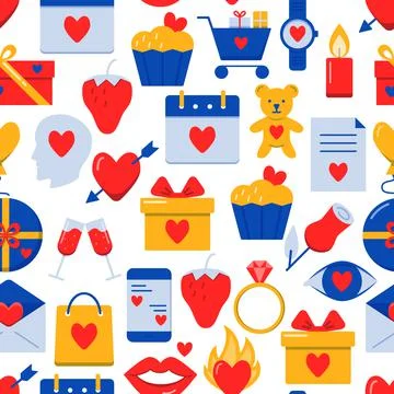 Valentines day seamless pattern with icons in flat style Stock Illustration