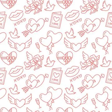 Valentines day seamless pattern. Love, romance flat line icons - hearts Stock Illustration