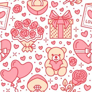 Valentines day seamless pattern. Love, romance flat line icons - hearts Stock Illustration