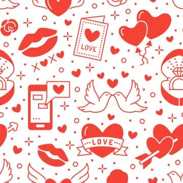 Valentines day seamless pattern. Love, romance flat line icons - hearts Stock Illustration