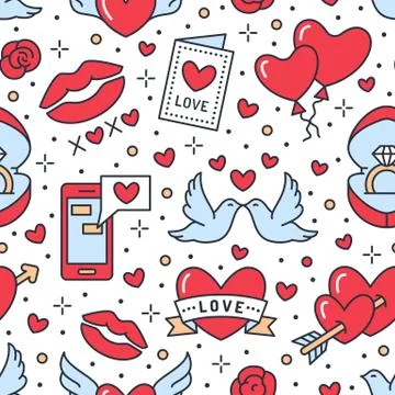 Valentines day seamless pattern. Love, romance flat line icons - hearts Stock Illustration