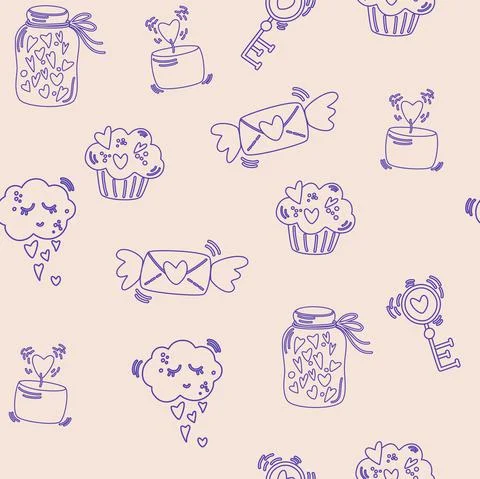 Valentines Day seamless pattern. Love and wedding outline icons set. Hand-dra Stock Illustration