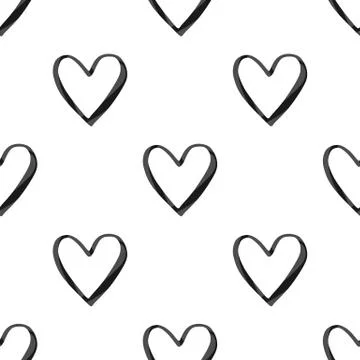 Valentine's Day seamless pattern with outlined black watercolor hearts Stock Illustration