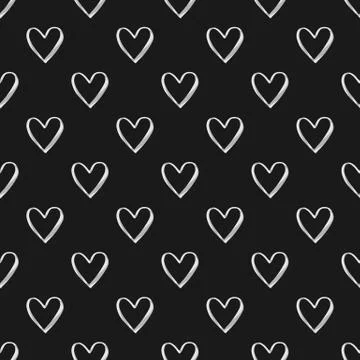 Valentine's Day seamless pattern with outlined white watercolor hearts Stock Illustration