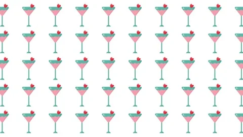 Valentine's Day Seamless Pattern with Pink Cocktail Glasses and Red Hearts Stock Footage 345539848