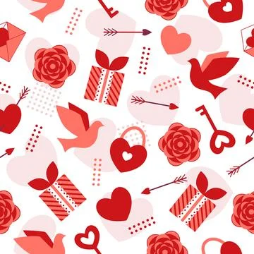Valentines day seamless pattern with romantic symbols Stock Illustration