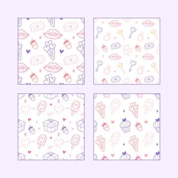 Valentines day Seamless Pattern Set with Cute Hand Drawn Hearts and Romantic Stock Illustration