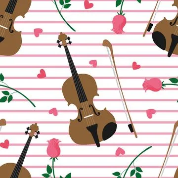 Valentines day seamless pattern with violins, roses and hearts. St Valentin.. Stock Illustration