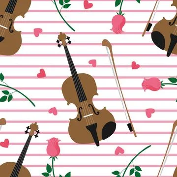 Valentines day seamless pattern with violins, roses and hearts. St Valentin.. Illustrazione stock