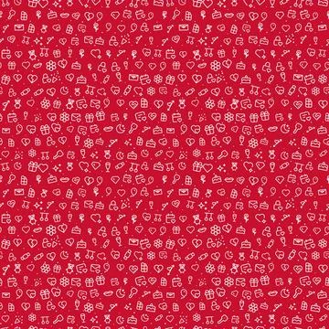 Valentine's Day seamless pattern, white line icons on red background Illustrazione stock