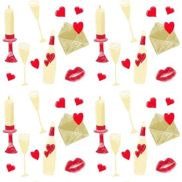 Valentine's Day seamless pattern whith candle, champagine, glases, love letter Stock Illustration