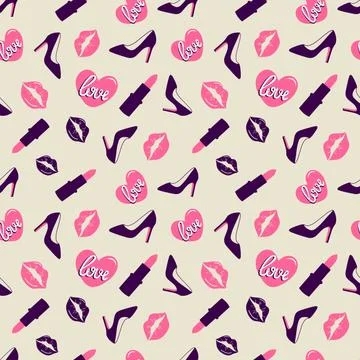 Valentines day seamless pattern. Womens shoes, lipstick, pink heart Stock Illustration