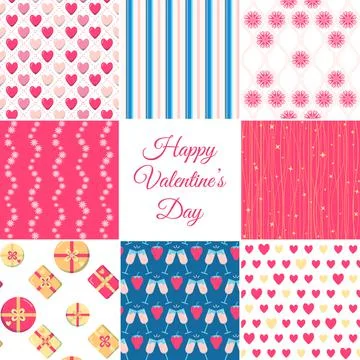 Valentines day seamless patterns collection in flat style Stock Illustration