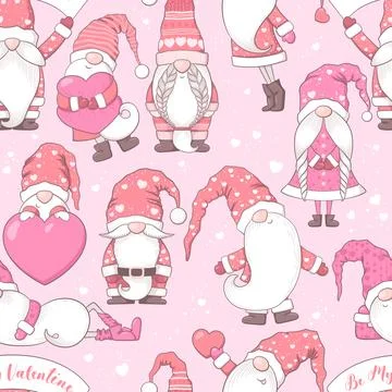 Valentines Day seamless vector pattern with cute hand drawn gnomes, hearts .. Stock Illustration