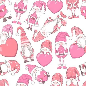 Valentines Day seamless vector pattern with cute hand drawn gnomes, hearts .. Stock Illustration
