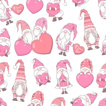 Valentines Day seamless vector pattern with cute hand drawn gnomes, hearts .. Stock Illustration