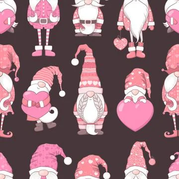Valentines Day seamless vector pattern with cute hand drawn gnomes, hearts .. Stock Illustration