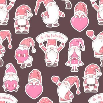 Valentines Day seamless vector pattern with cute hand drawn gnomes, hearts .. Stock Illustration